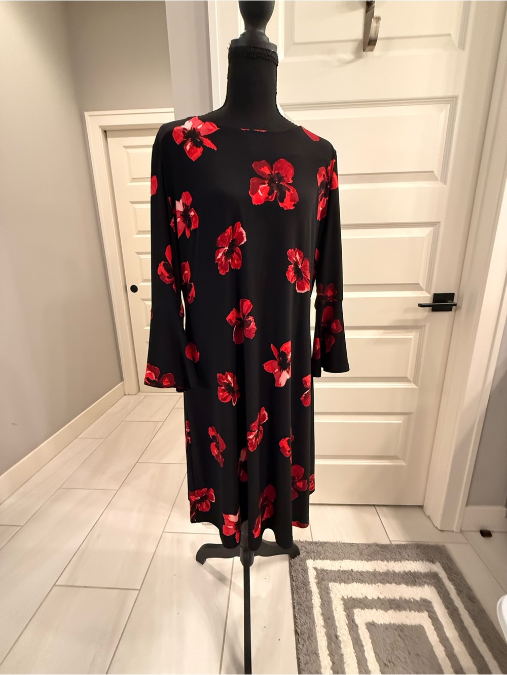 Tommy Hilfiger Black Midi Dress with Red Floral Print